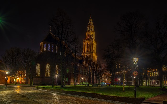 Church and tower at night in Groningen, Netherlands