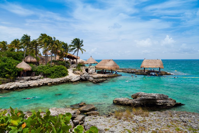 4K Cancun Mexico Coastline with Palapas and Turquoise Water