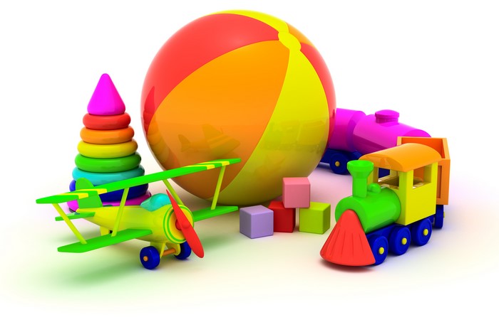 Colorful Toys: Airplane, Trains, Ball, and Stacking Rings