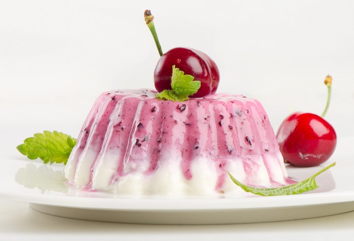 Cherry and berry panna cotta with mint