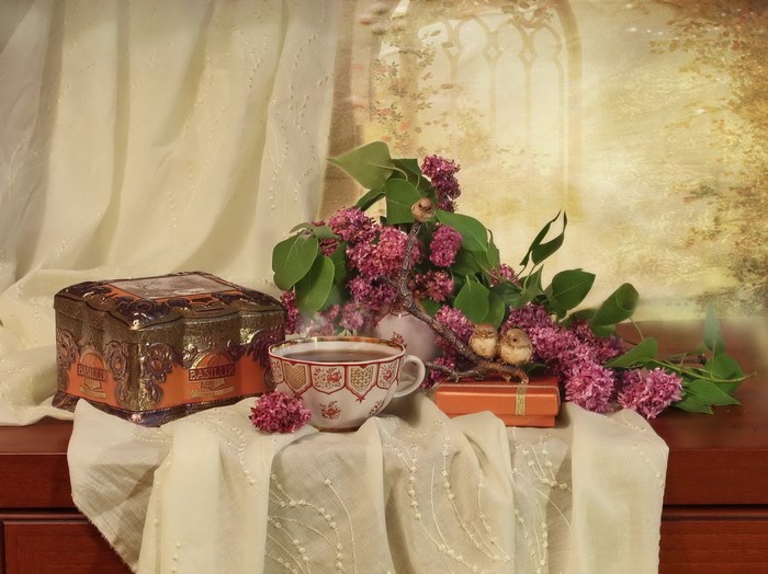 Still-life with Lilac, Tea, and Birds