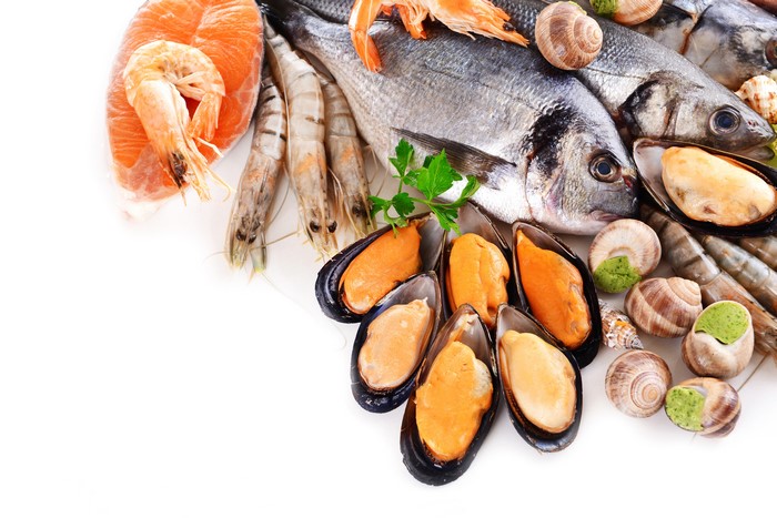 Seafood assortment with fish, shrimp, mussels, and snails