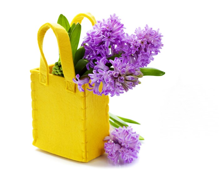 Yellow handbag with purple hyacinths on white background