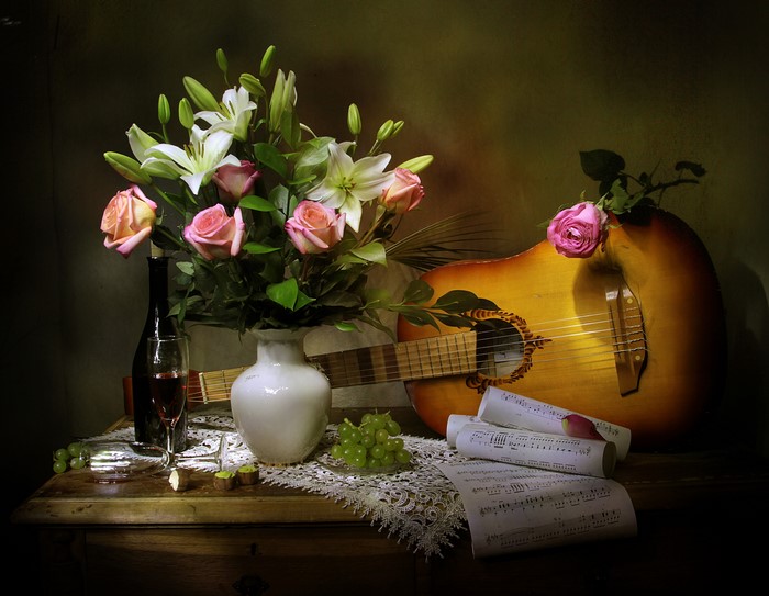 Still-life with Roses, Lilies, Guitar, Wine, and Grapes