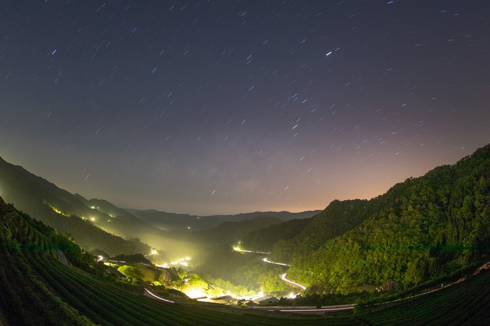 Starry Night over Mountains, Forests, and Fields in Taiwan