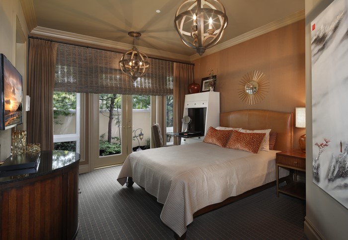 Bedroom Interior Design with Bed and Chandeliers