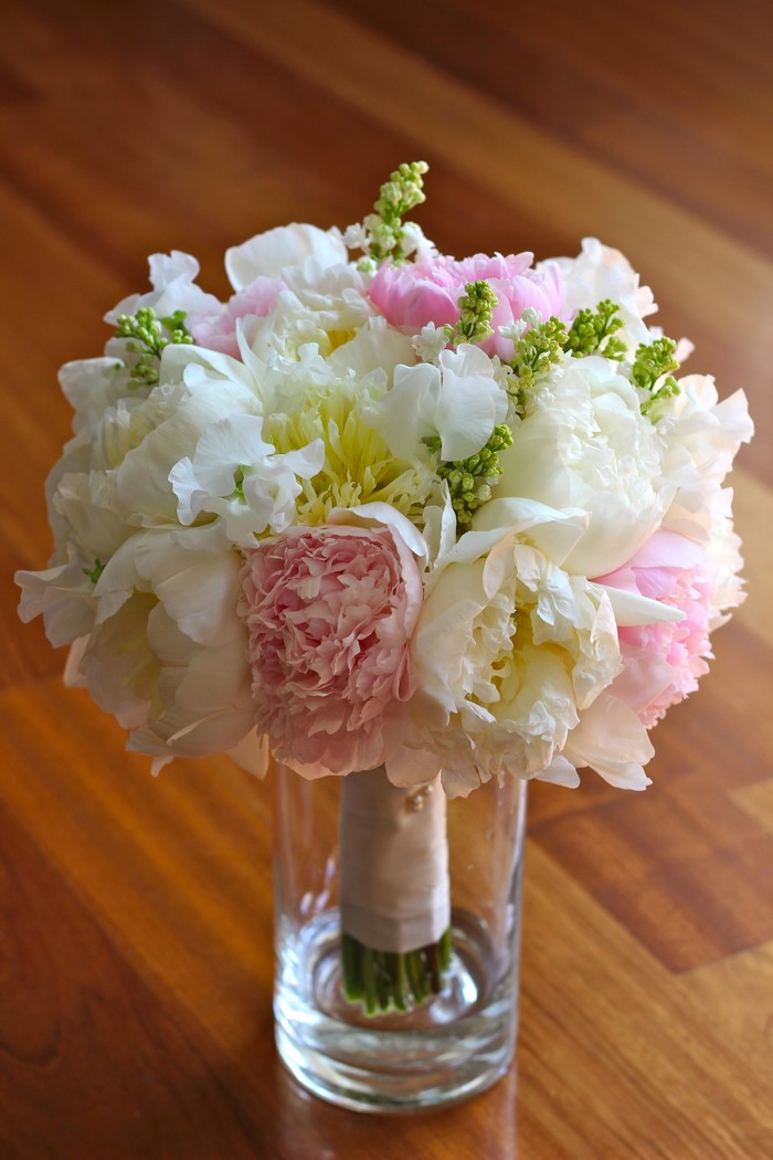 Bouquet of Peonies and Sweet Peas in a Glass Vase