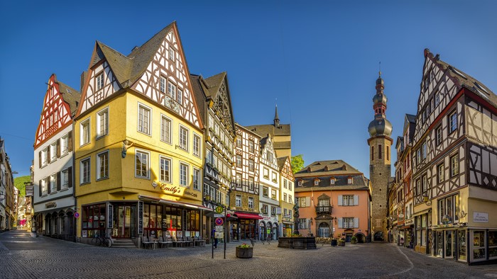 Cochem, Germany street with half-timbered houses and tower