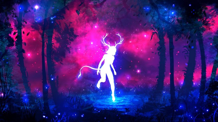 Silhouette of a deer-woman with antlers and tail in a forest