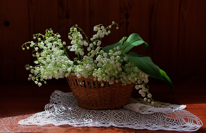 Lily of the valley flowers in a wicker basket
