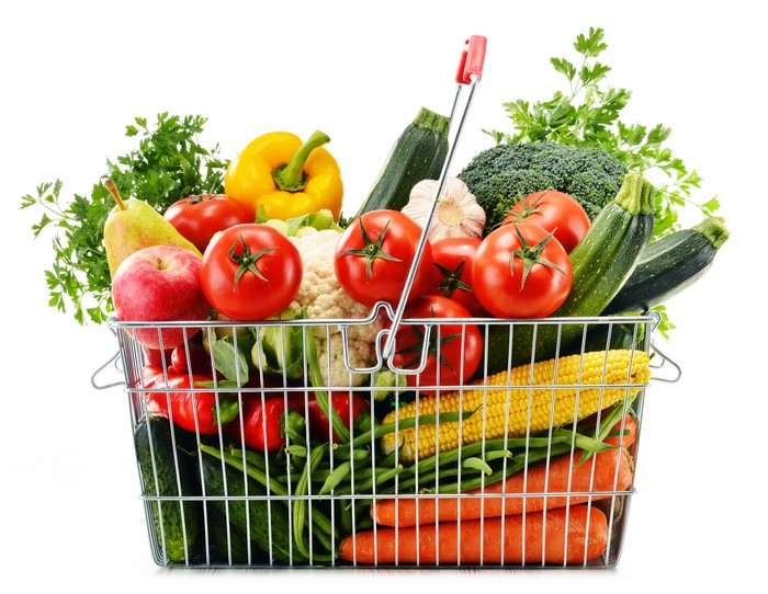 Vegetables and Fruit in a Wicker Basket