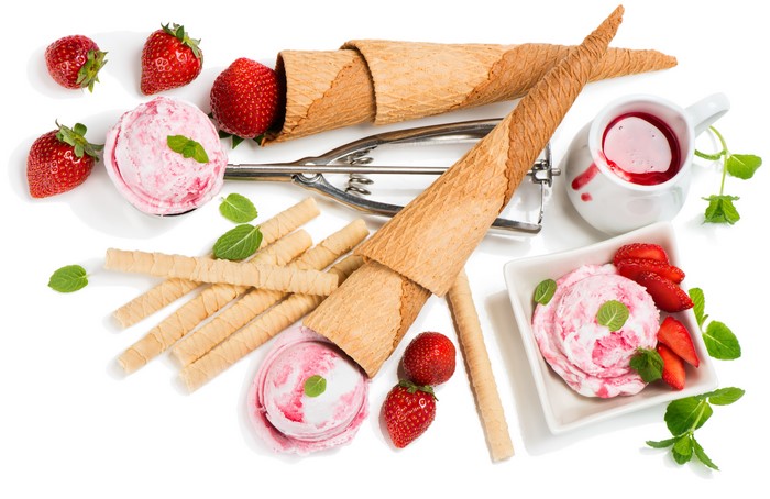 Strawberry Ice Cream with Cones and Strawberries
