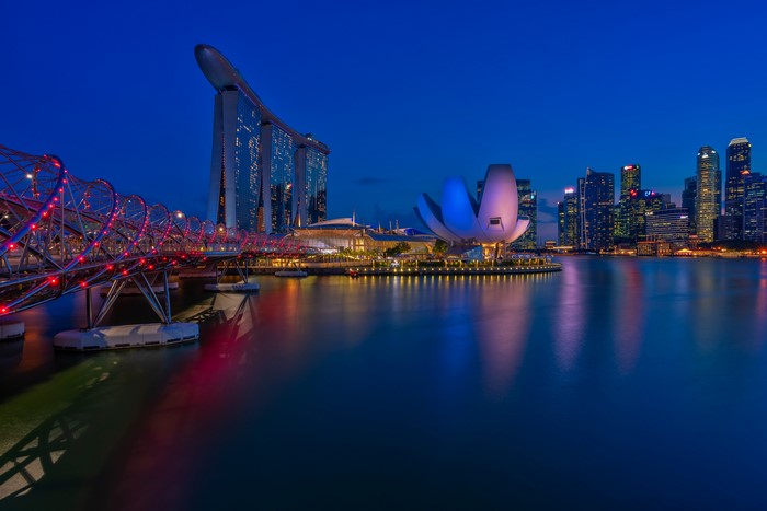 Singapore Skyline with Marina Bay Sands and Helix Bridge at Night