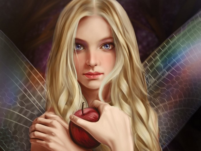 Fairy with blonde hair holding a red apple