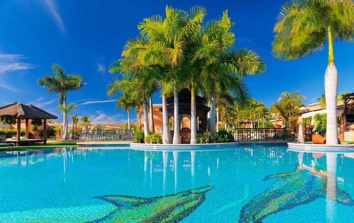 Resort pool with palm trees in Tenerife, Spain