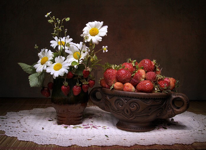 Strawberries and Camomiles in a Still Life