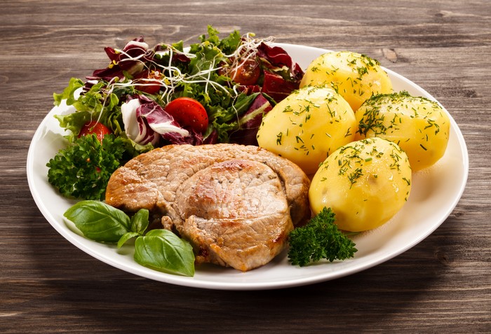 Meat, Potatoes, and Salad on a Plate