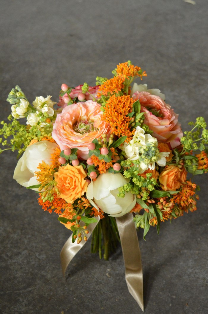 Orange and Peach Floral Bouquet with Ribbon