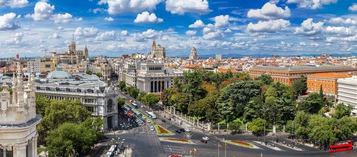 Madrid cityscape with buildings, trees, and roads