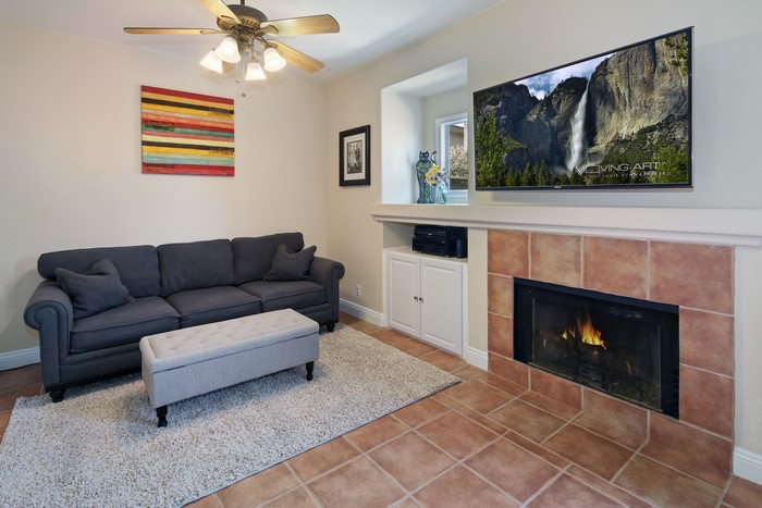 Living room with fireplace, sofa, and TV
