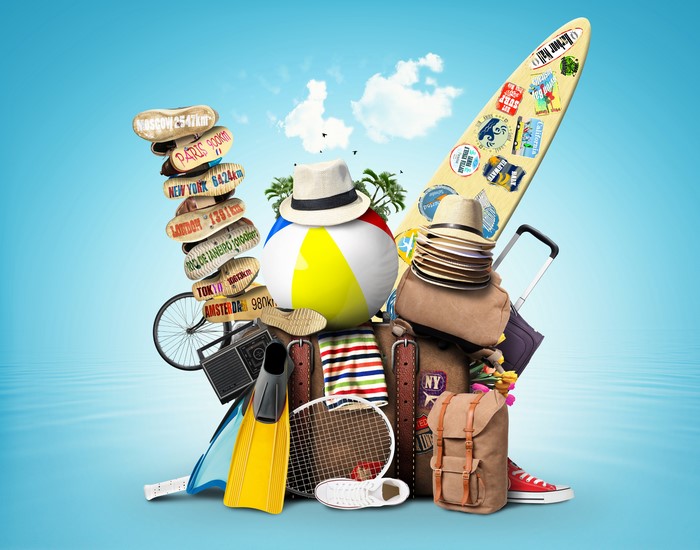 Travel Collage with Suitcases, Surfboard, and Signpost