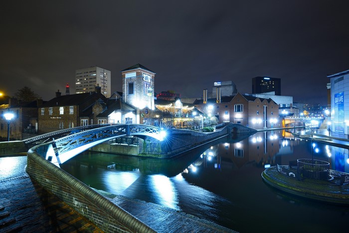 Birmingham canals at night with bridges and buildings