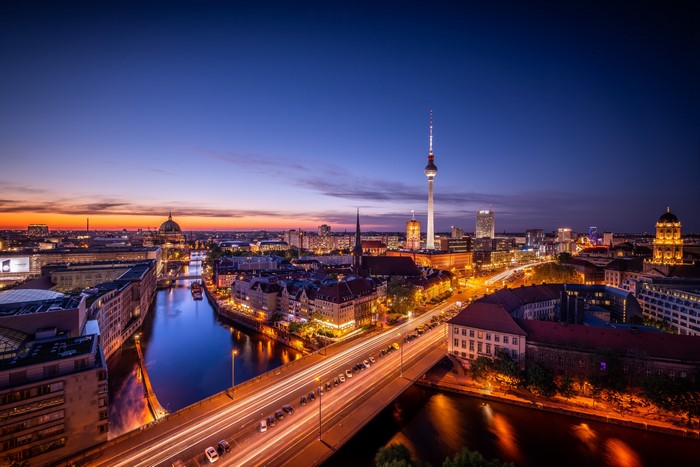 Berlin Skyline at Dusk with TV Tower and River