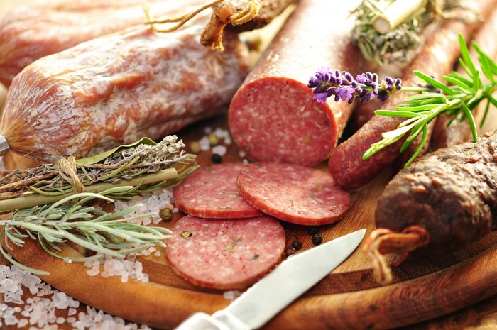 Assortment of sausages with herbs and spices