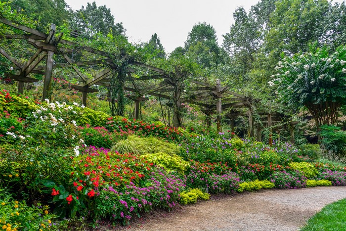 Gibbs Gardens flower beds and pergola