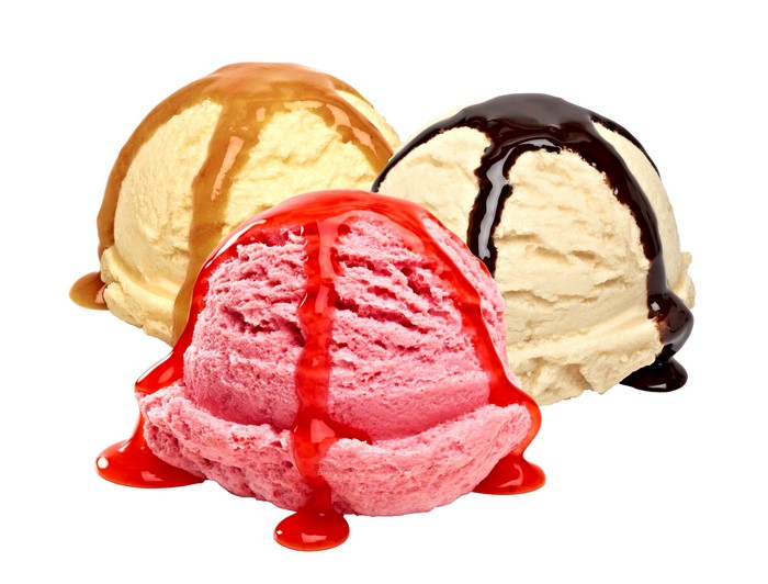 Three scoops of ice cream with toppings