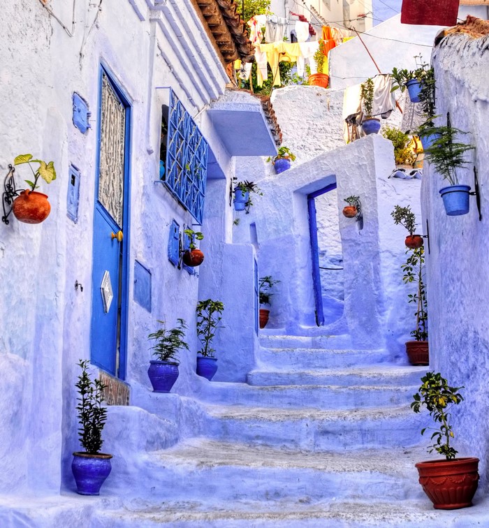 Blue street with stairs in Chaouen, Morocco