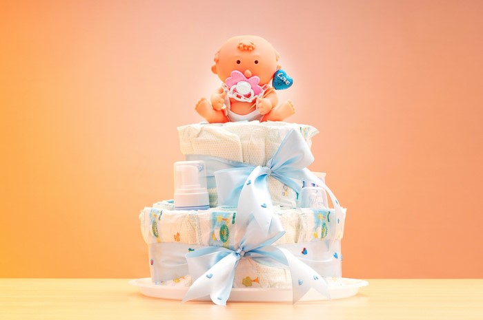 Diaper Cake with Baby Doll and Blue Bows