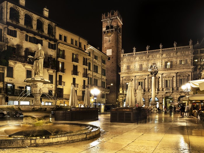 Piazza Bra in Verona at Night with Fountain and Tower