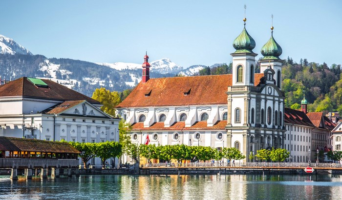 Jesuit Church and covered bridge in Lucerne, Switzerland