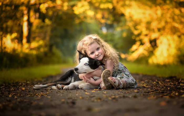 Little girl hugging a dog in autumn