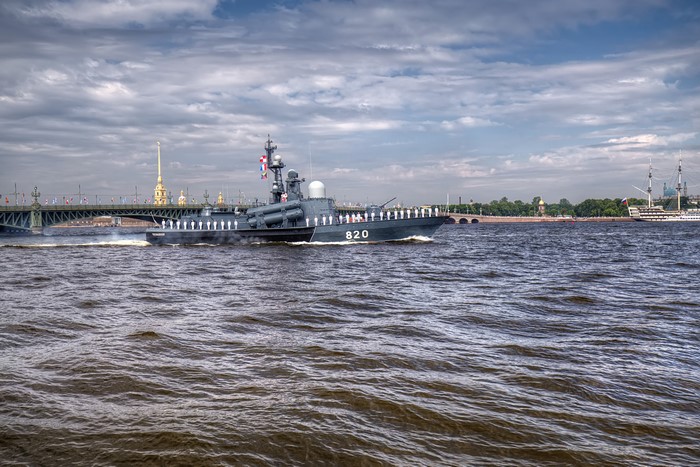 Russian naval ship 820 sailing on a river in St. Petersburg