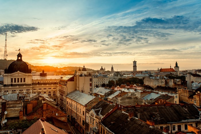 Lviv city skyline at sunrise, Ukraine