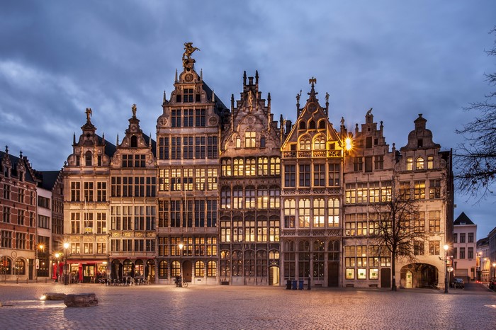 Grote Markt square in Antwerp, Belgium at dusk