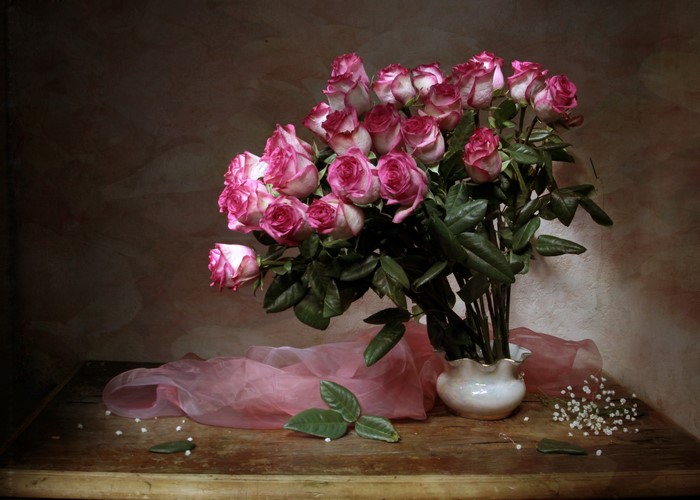 Bouquet of Pink Roses in a Vase