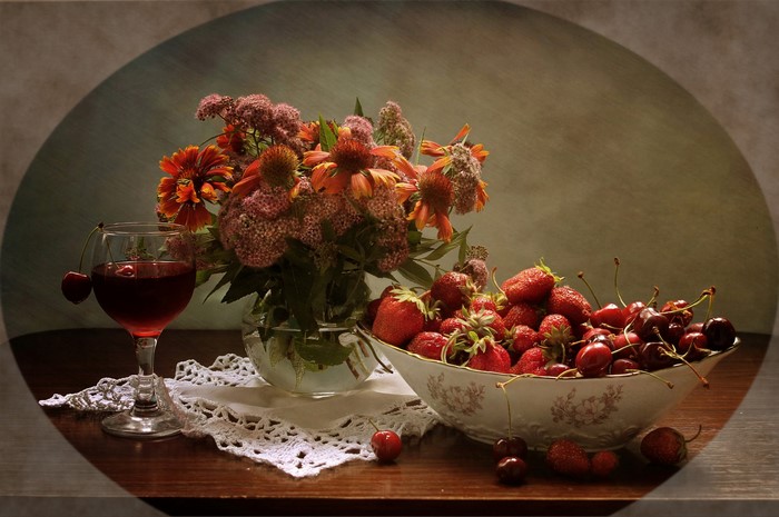Still-life with flowers, fruits, and wine