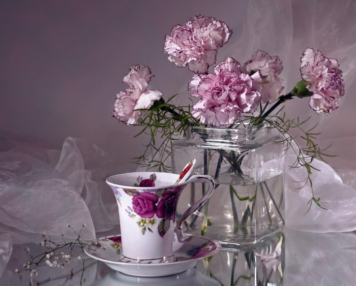 Still life with carnations and teacup
