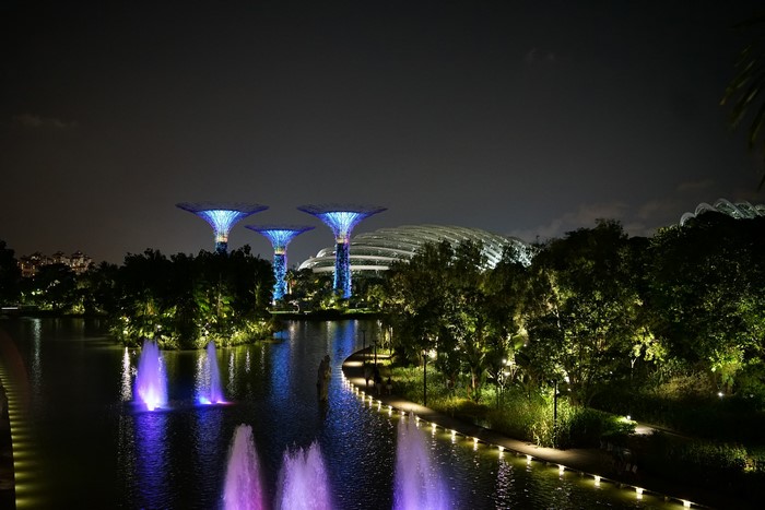 Gardens by the Bay at night with fountains