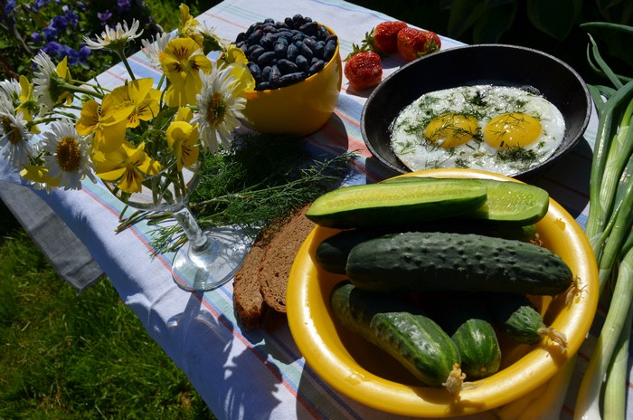 Breakfast with Fried Eggs, Cucumbers, Berries, and Flowers