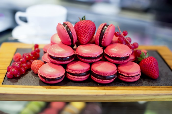 Pink Macarons with Strawberries and Currants