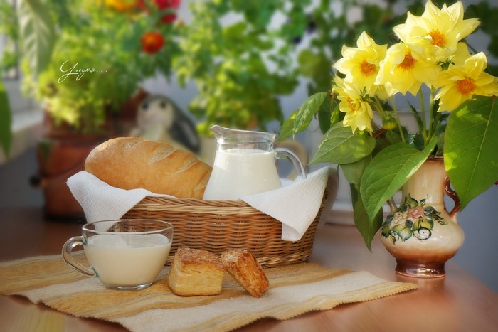 Still life with bread, milk, and yellow flowers