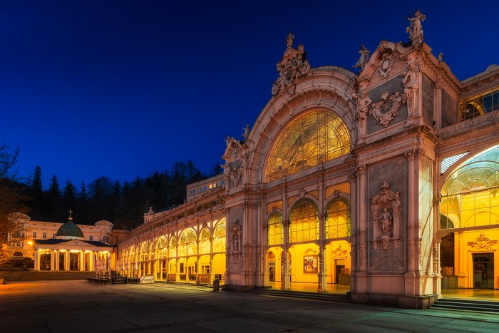 Colonnade and Spa Building in Marianske Lazne at Night