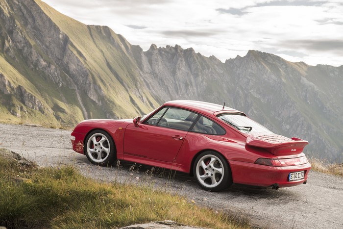 Red 1995-98 Porsche 911 Turbo 3.6 Coupe in mountains