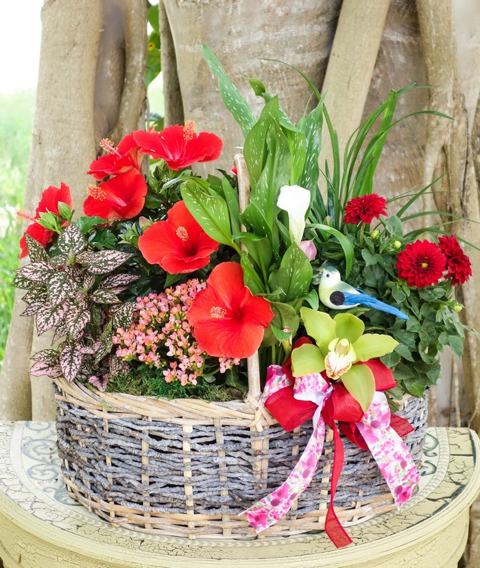Flower basket with hibiscus, orchid, and bird decoration