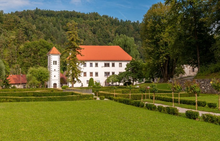 Castle Polhov Gradec with manicured gardens in Slovenia