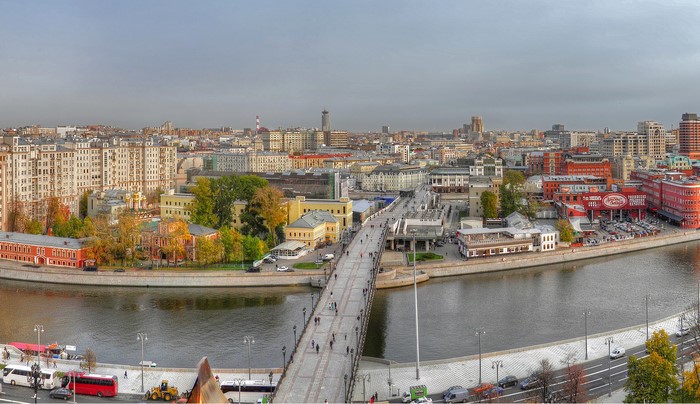 Moscow cityscape with river and bridge